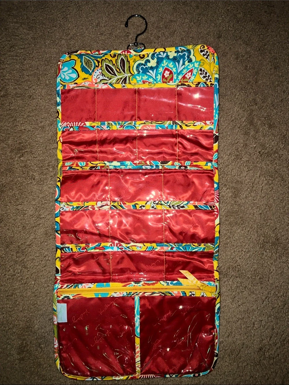 Vera Bradley Yellow Floral Hanging Jewelry Organizer with Red Interior